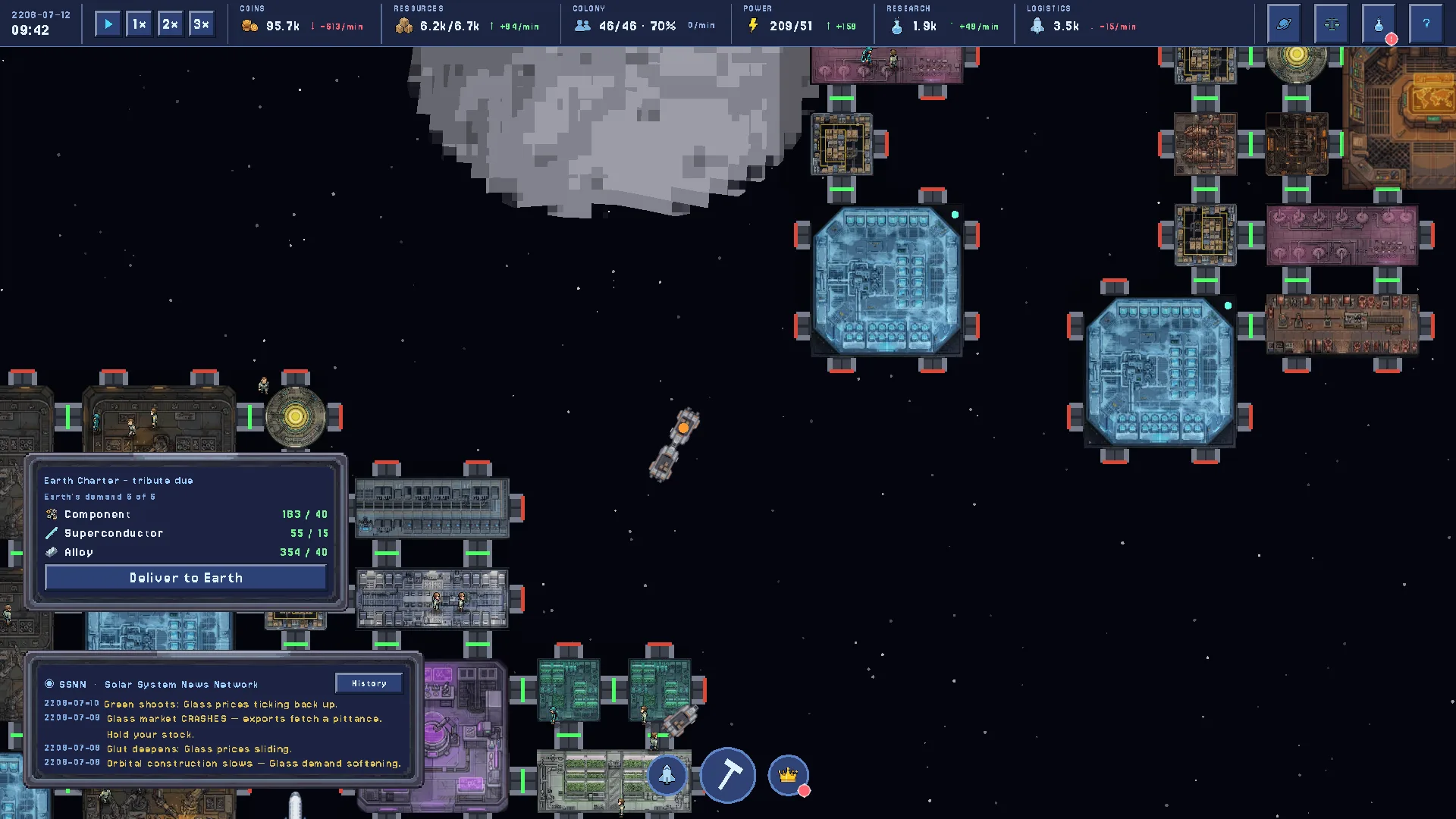 A cutaway of a habitat interior with colonists at their stations.