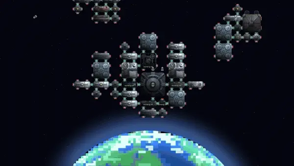 Modules snapping together into an airlock-linked station network.