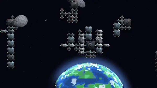 A cutaway of a habitat interior with colonists working at lit stations.