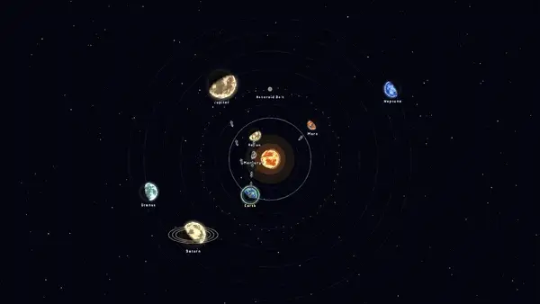 The solar-system map with a freighter convoy moving along the orbits; colonizing a planet.