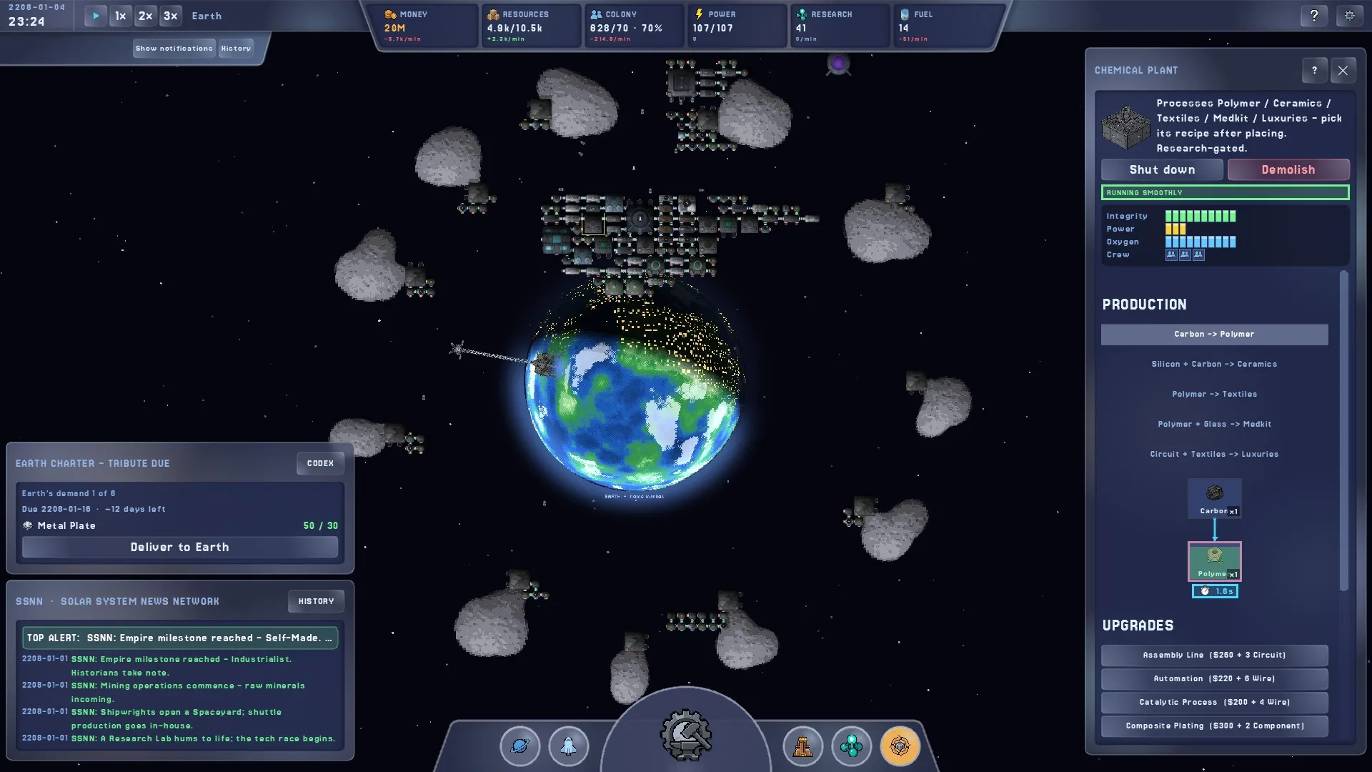 A station mining the asteroid belt, with a chemical plant production chain open.