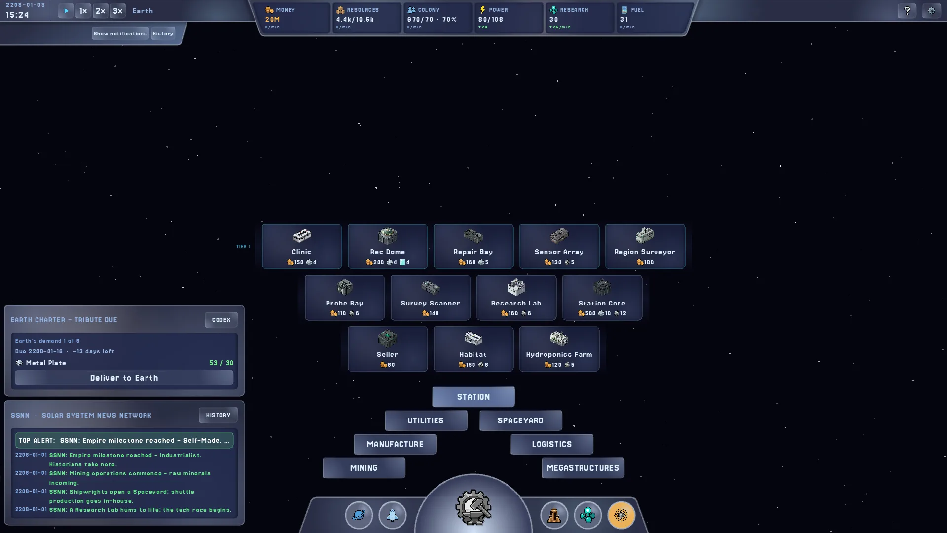 The build menu: every station module, from habitats and research labs to megastructures.