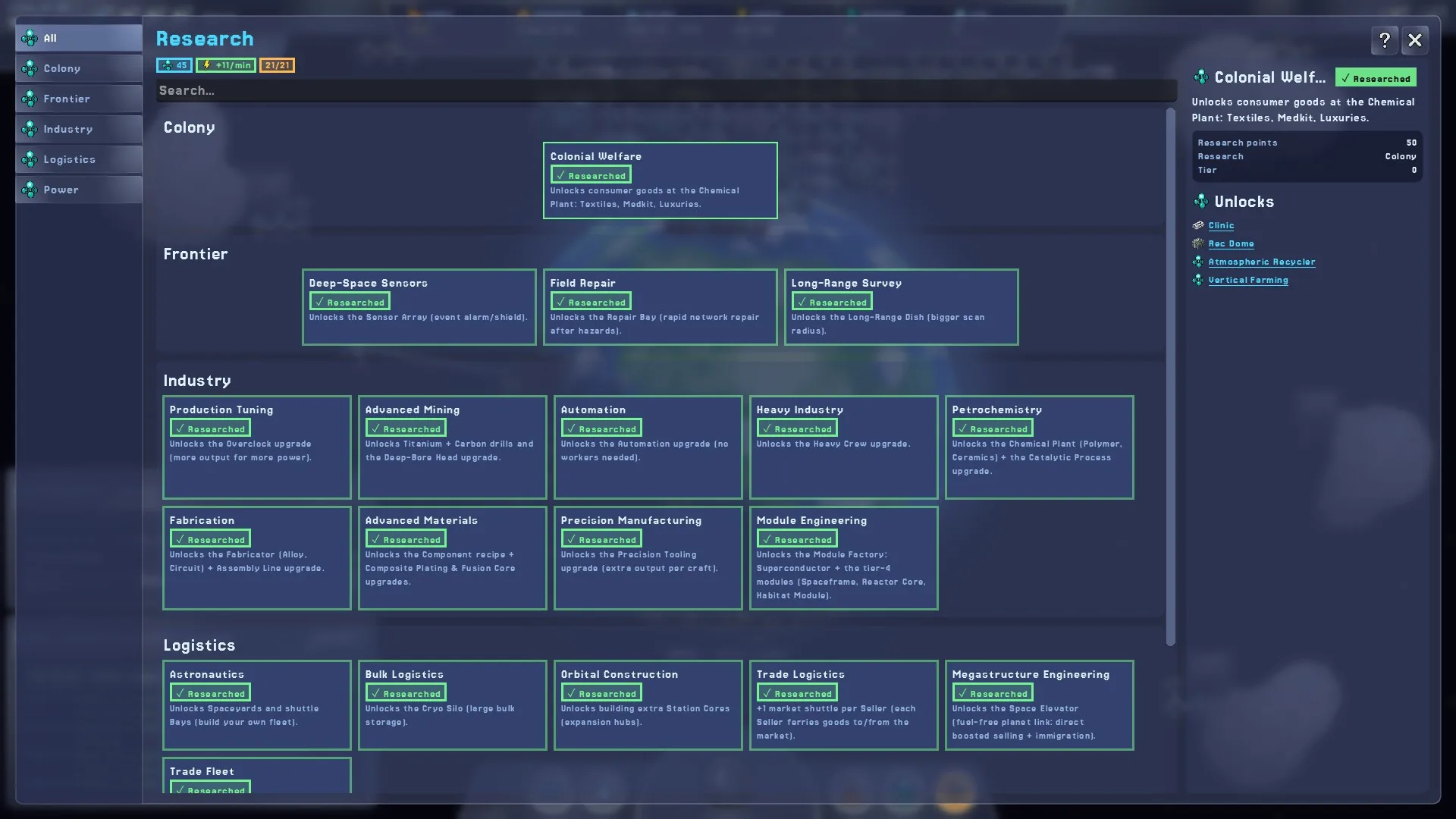 The research tech tree, unlocking buildings, recipes, and upgrades across colony, industry, and logistics.