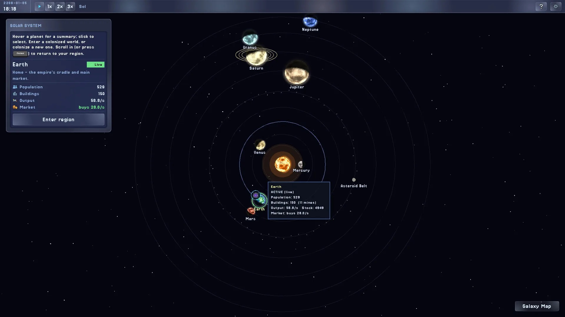 The solar-system map: the planets ringing the Sun, each a colonizable world with its own asteroid field.