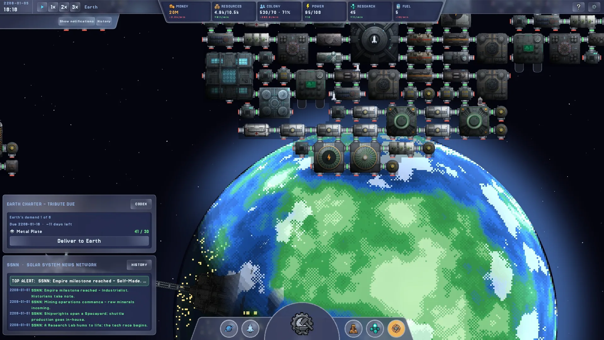 A station orbiting a close-up of Earth, its modules strung along the horizon.