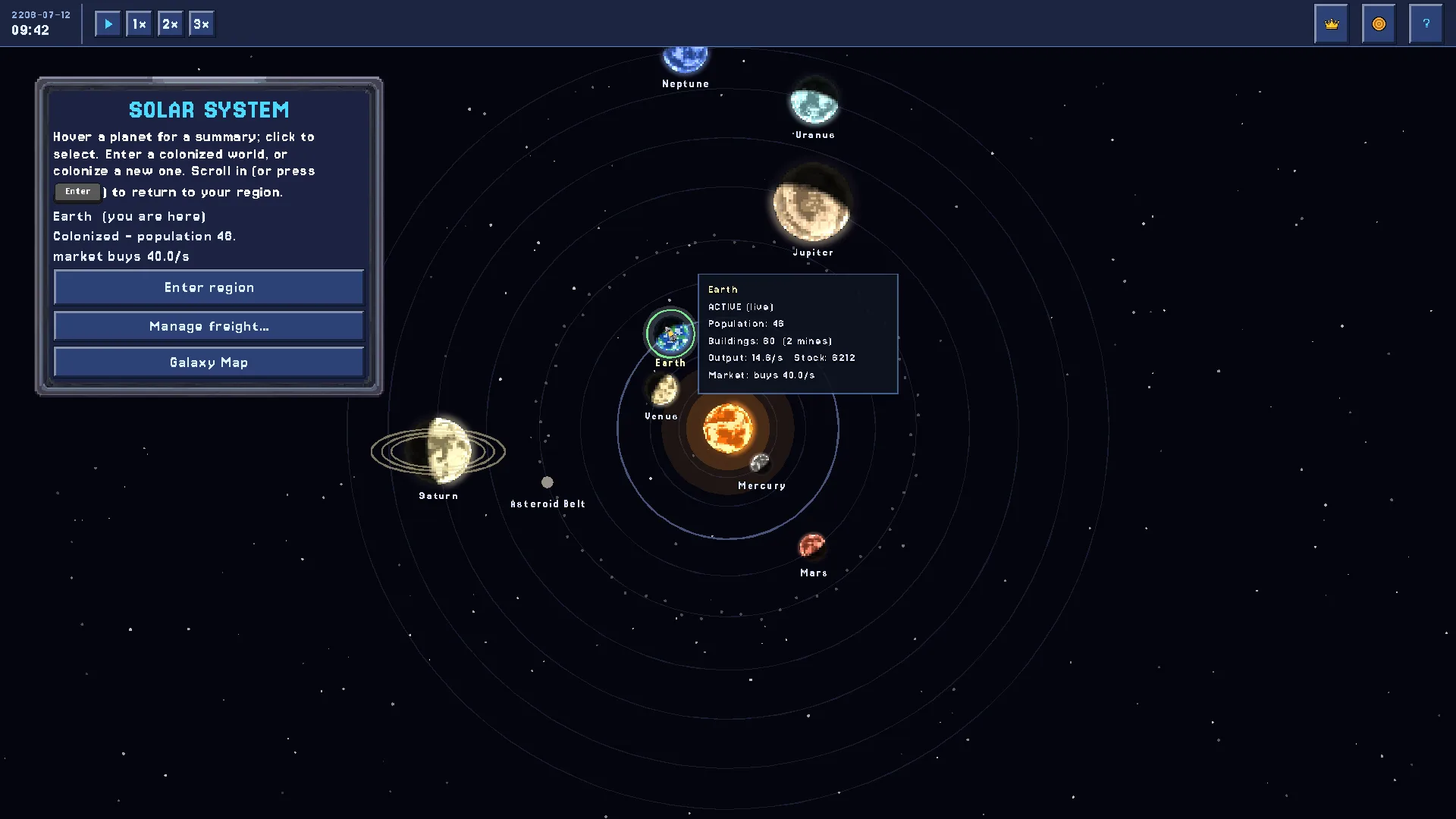 The solar-system map: planets ringing the Sun, each a buildable world.